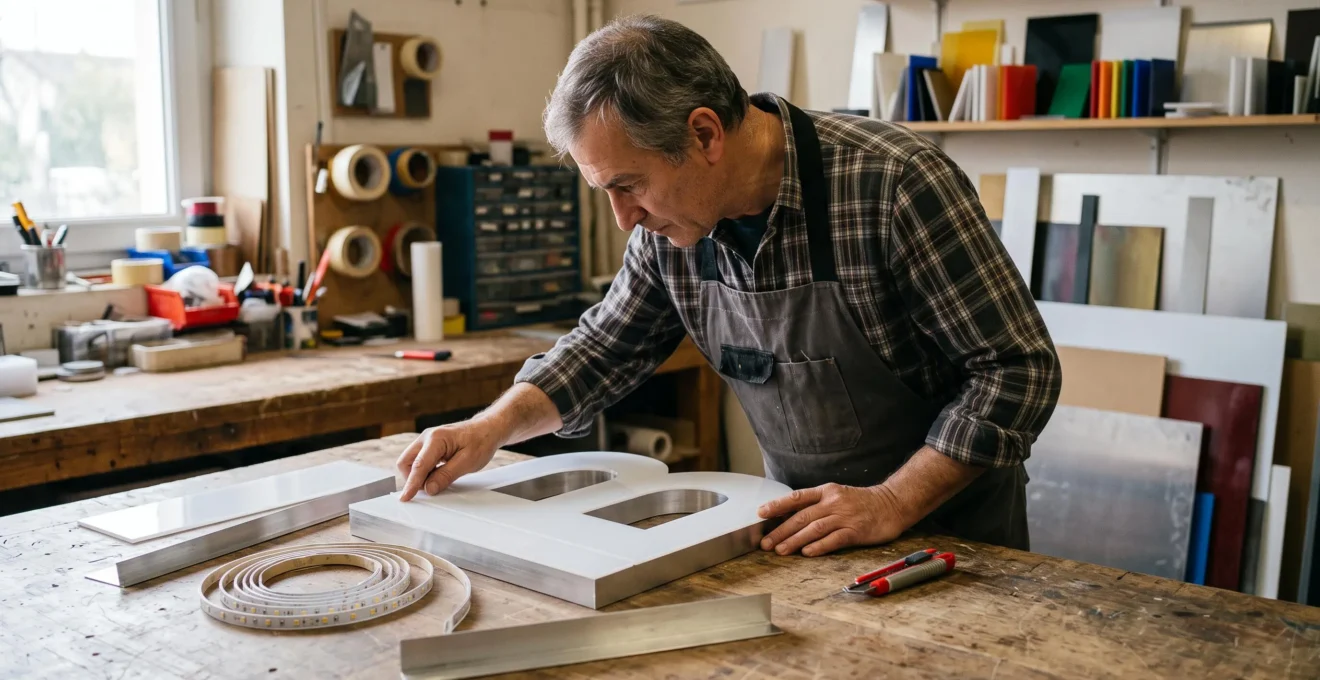 Un artisan examine une lettre en acrylic découpée sur un établi dans un atelier de fabrication d'enseignes.
