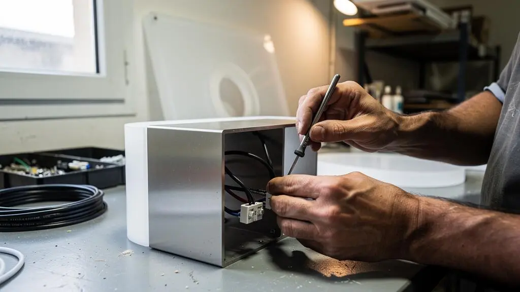 Un artisan connecte un module LED à l'intérieur d'une lettre boîtier lumineuse sur un établi d'atelier.
