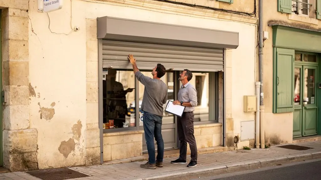 Un commerçant et un professionnel de la signalétique échangent devant la façade d'un magasin en Provence.