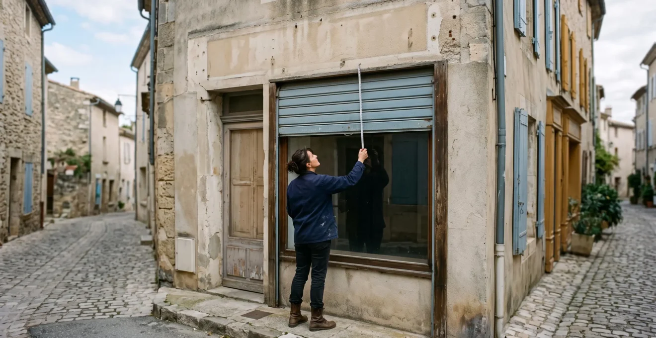 Un commerçant mesure la façade vide d'une boutique avant l'installation d'une future enseigne.