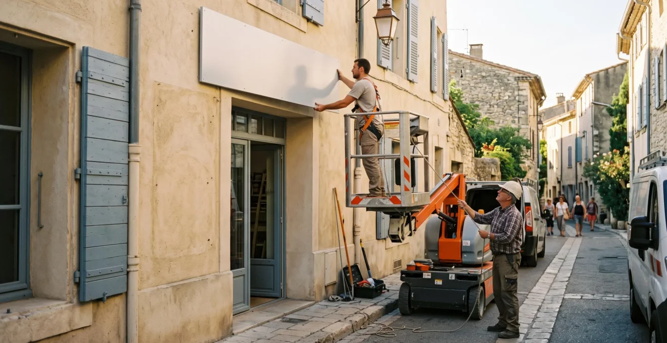 Deux installateurs posent une enseigne sur la façade d'un commerce dans une rue commerçante provençale.