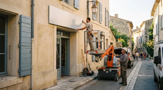 Deux installateurs posent une enseigne sur la façade d'un commerce dans une rue commerçante provençale.