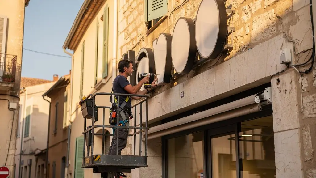 Un technicien installe une enseigne lumineuse sur la façade d'un commerce dans une rue de ville provençale.